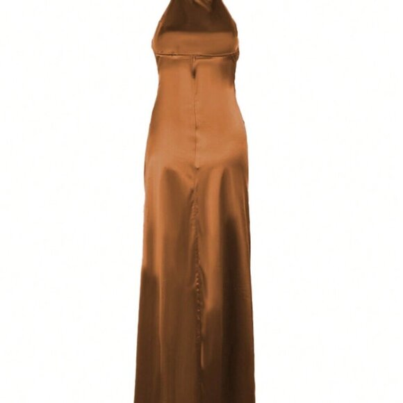 Orange Sexy Women's Sleeveless Plunging Neck Split Hem Bodycon Dress - Picture 3 of 4